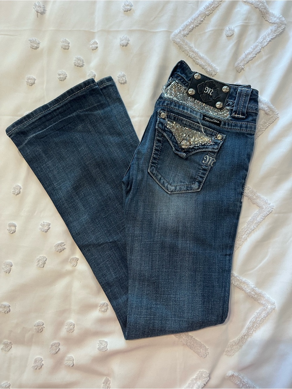 Miss Me Dark Blue Bootcut Jeans with Sequin Pocket Detail